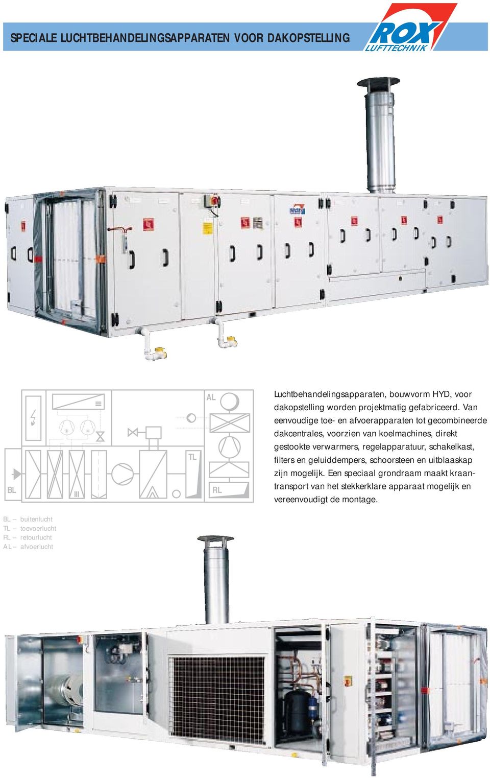 Van eenvoudige toe- en afvoerapparaten tot gecombineerde dakcentrales, voorzien van koelmachines, direkt gestookte verwarmers,