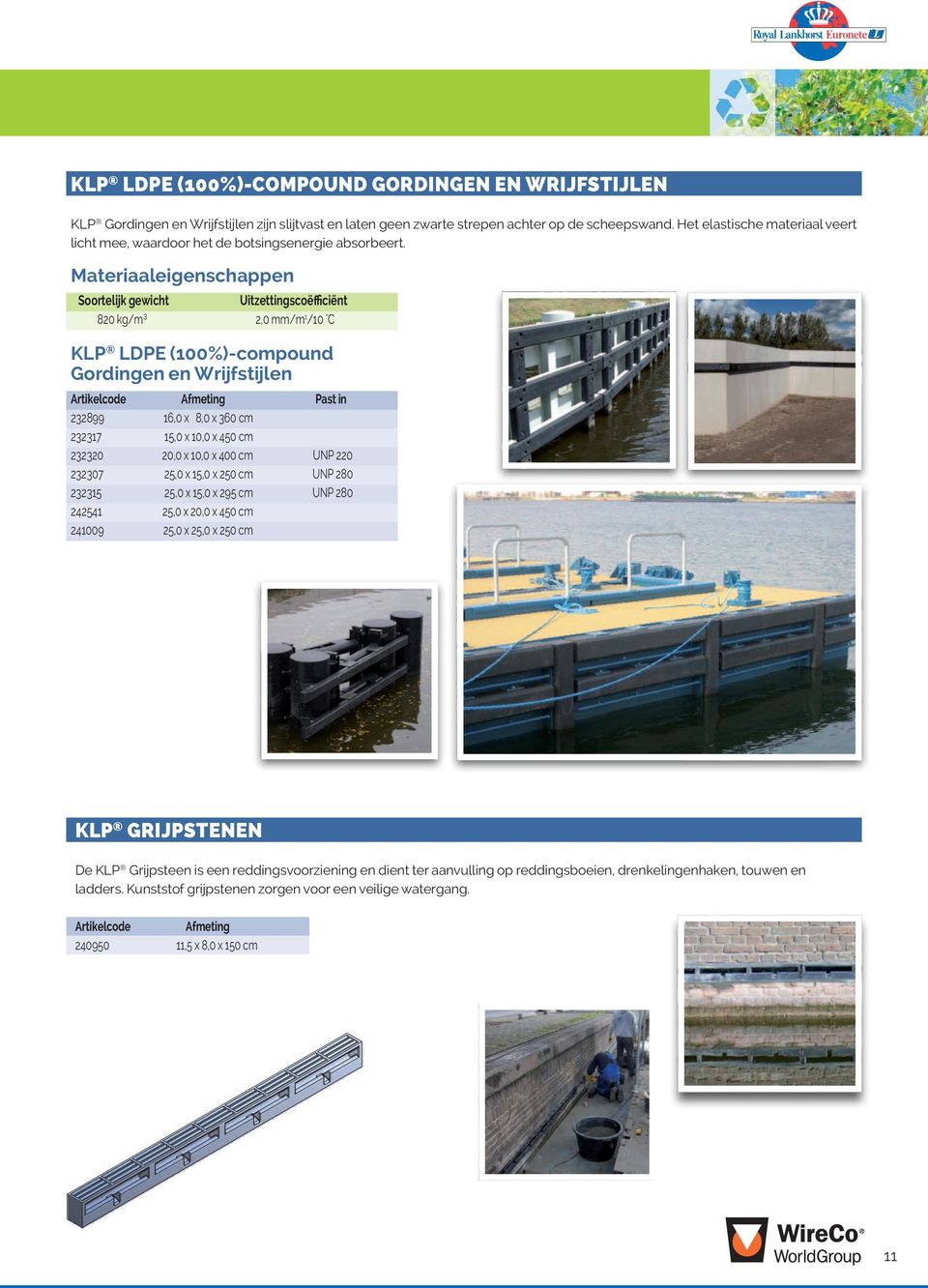 Materiaaleigenschappen Soortelijk gewicht Uitzettingscoëfficiënt 820 kg/m³ 2,0 mm/m1/10 C KLP LDPE (100%)-compound Gordingen en Wrijfstijlen 232899 23231 232320 23230 232315 2441 241009 16,0 x 8,0 x