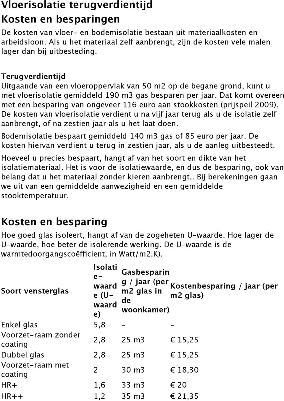 Terugverdientijd Uitgaande van een vloeroppervlak van 50 m2 op de begane grond, kunt u met vloerisolatie gemiddeld 190 m3 gas besparen per jaar.