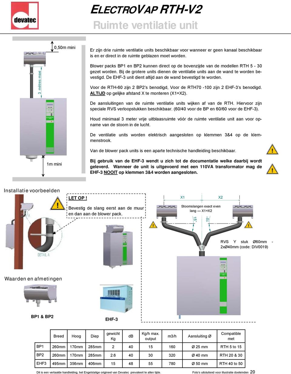 De EHF- unit dient altijd aan de wand bevestigd te worden. Voor de RTH-60 zijn BP s benodigd, Voor de RTH70-00 zijn EHF- s benodigd. ALTIJD op gelijke afstand X te monteren (X=X).