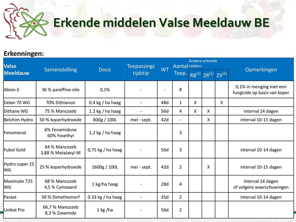 Mancozeb 1.2 kg / ha haag - 56d 4 X X interval 14 dagen Belchim Hydro 50 % koperhydroxide 800g / 100L mei - sept.