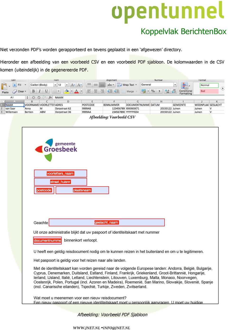 Hieronder een afbeelding van een voorbeeld CSV en een voorbeeld PDF