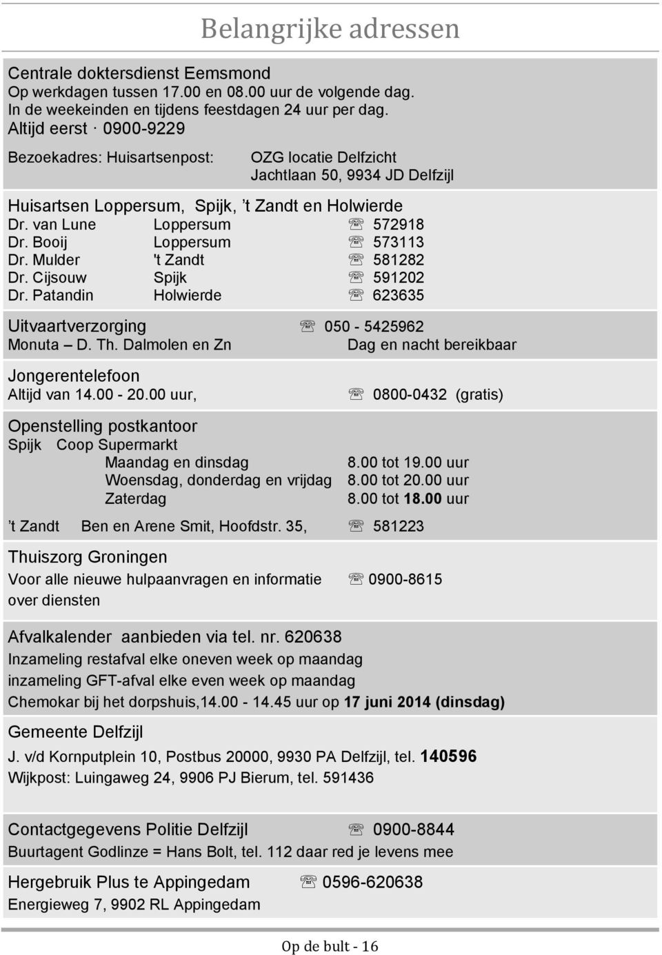 Booij Loppersum 573113 Dr. Mulder 't Zandt 581282 Dr. Cijsouw Spijk 591202 Dr. Patandin Holwierde 623635 Uitvaartverzorging 050-5425962 Monuta D. Th.