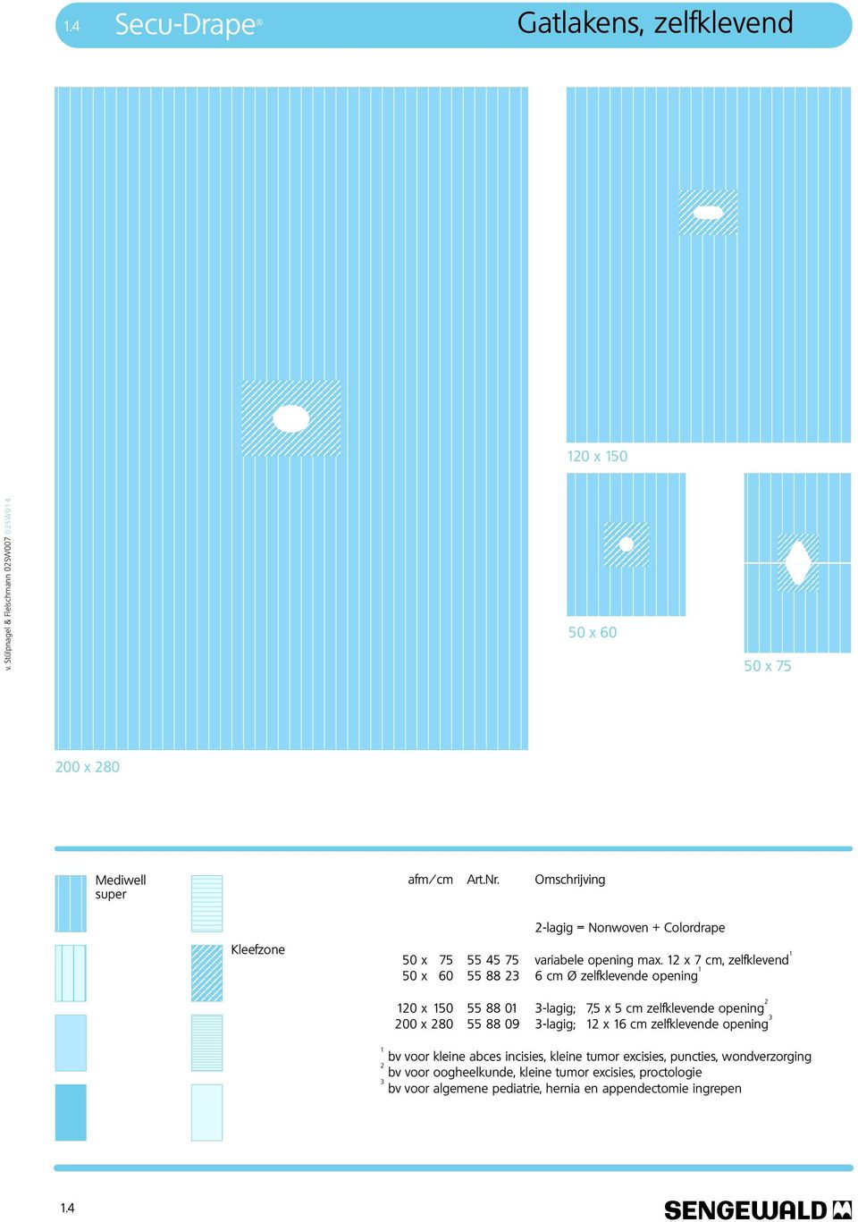 12 x 7 cm, zelfklevend 1 50 x 60 55 88 236 cm Ø zelfklevende opening 1 120 x 150 55 88 01 3-lagig; 7,5 x 5 cm zelfklevende opening 2 200 x