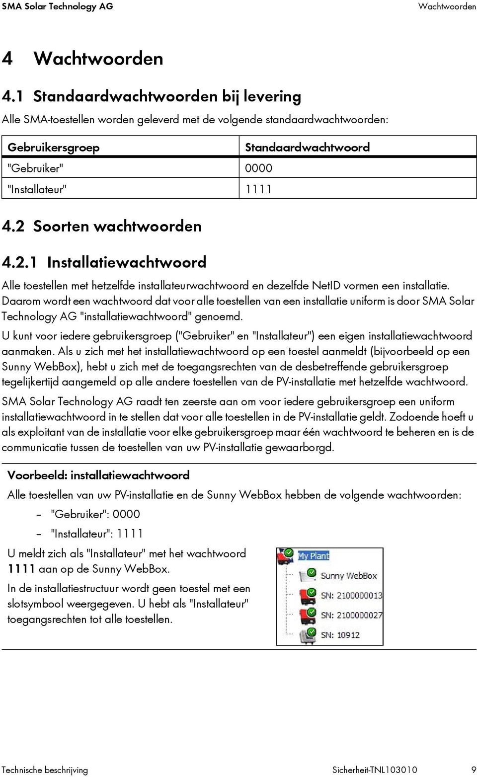 2 Soorten wachtwoorden 4.2.1 Installatiewachtwoord Alle toestellen met hetzelfde installateurwachtwoord en dezelfde NetID vormen een installatie.