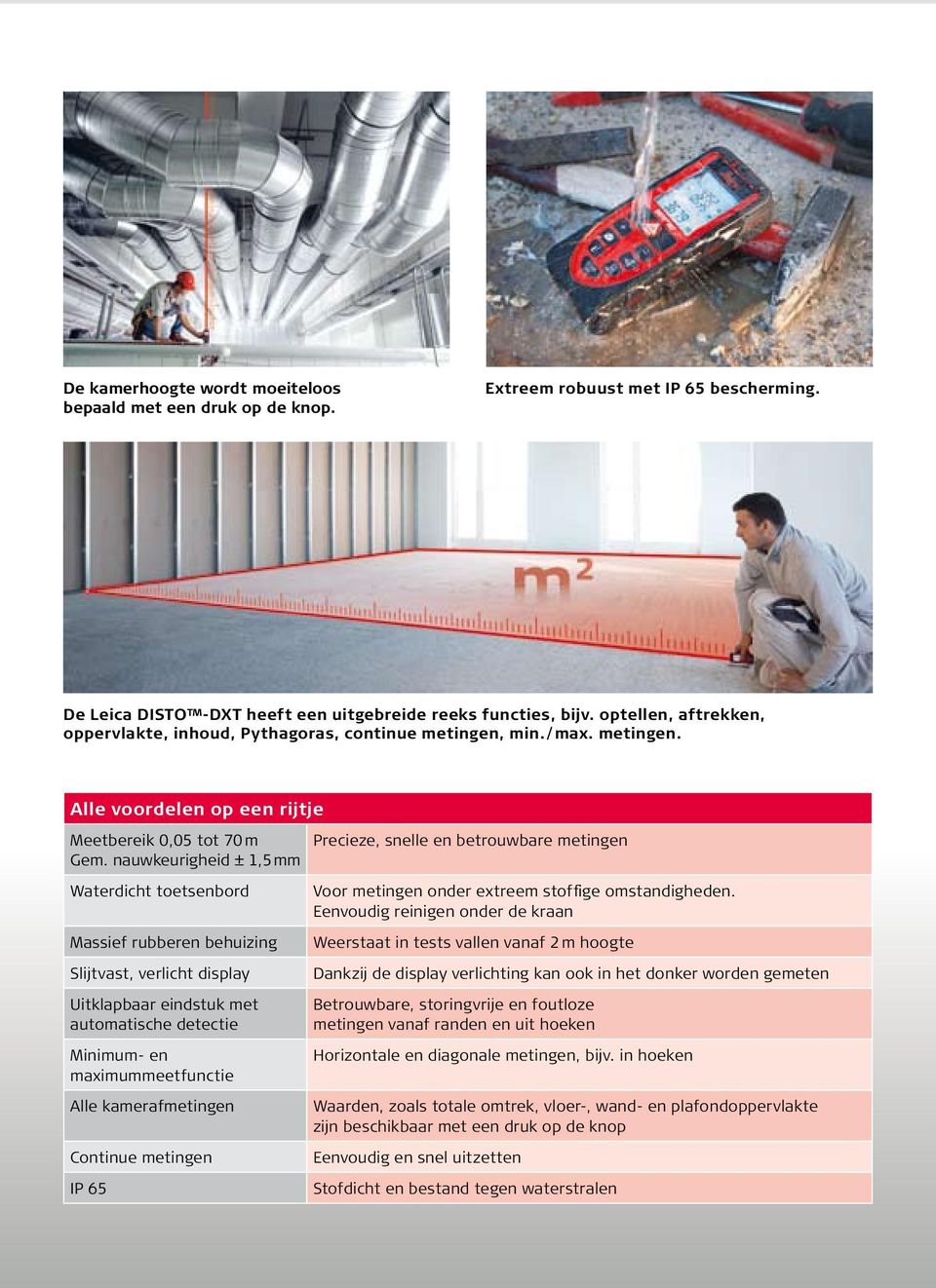 nauwkeurigheid ± 1,5 mm Precieze, snelle en betrouwbare metingen Waterdicht toetsenbord Massief rubberen behuizing Slijtvast, verlicht display Uitklapbaar eindstuk met automatische detectie Minimum-