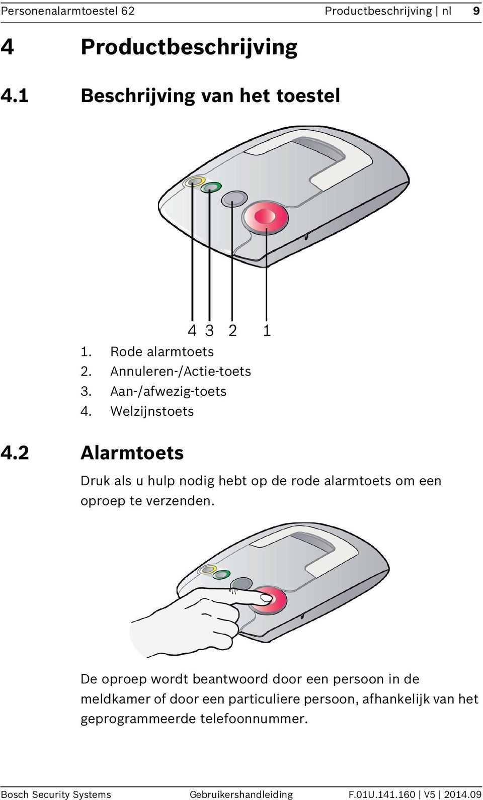 2 Alarmtoets Druk als u hulp nodig hebt op de rode alarmtoets om een oproep te verzenden.