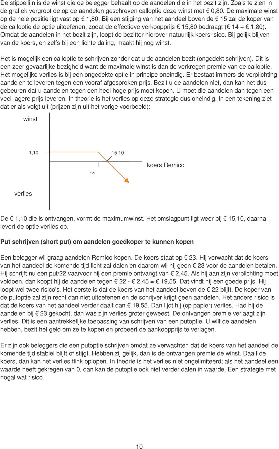 Bij een stijging van het aandeel boven de 15 zal de koper van de calloptie de optie uitoefenen, zodat de effectieve verkoopprijs 15,80 bedraagt ( + 1,80).