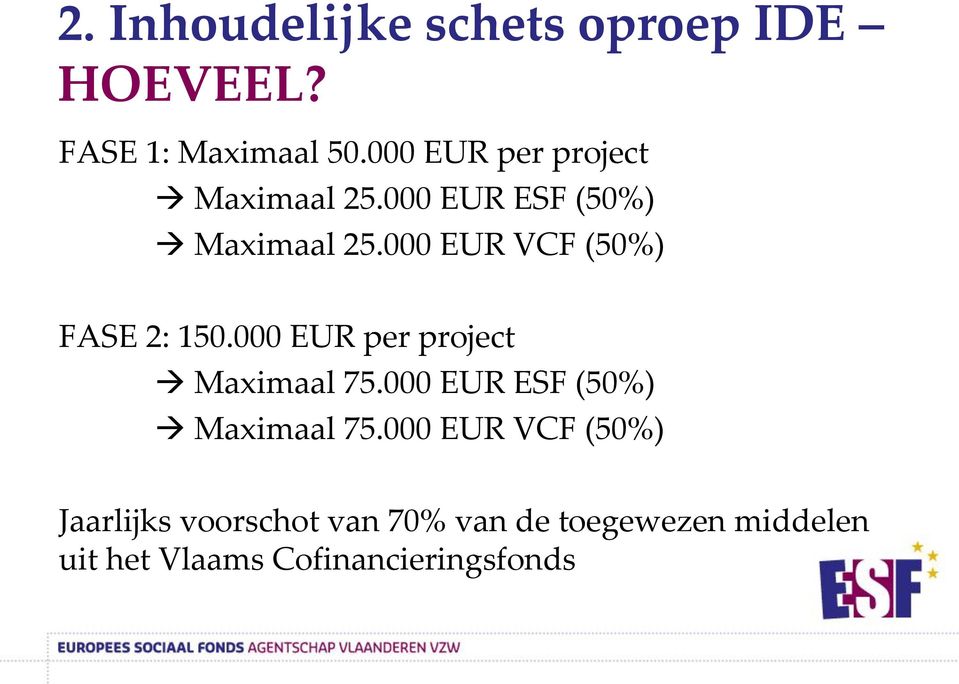 000 EUR VCF (50%) FASE 2: 150.000 EUR per project Maximaal 75.