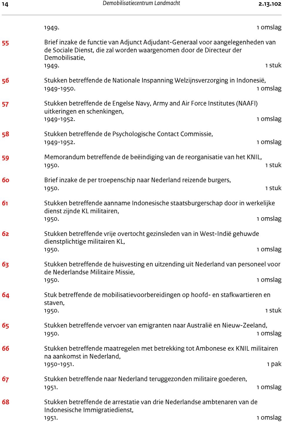 1 stuk 56 Stukken betreffende de Nationale Inspanning Welzijnsverzorging in Indonesië, 1949-1950.