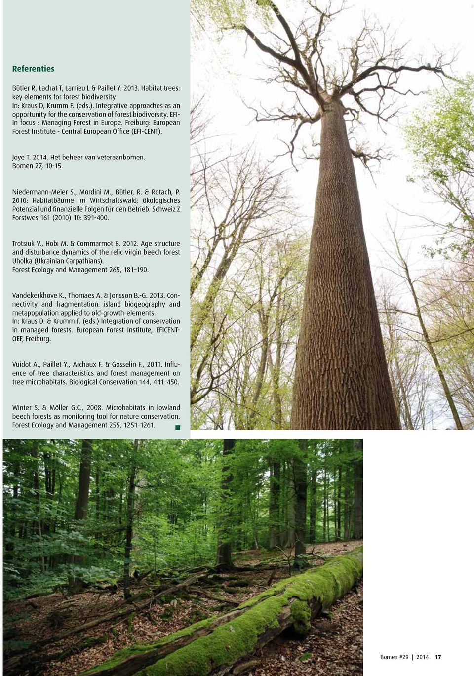 Freiburg: European Forest Institute - Central European Office (EFI-CENT). Joye T. 2014. Het beheer van veteraanbomen. Bomen 27, 10-15. Niedermann-Meier S., Mordini M., Bütler, R. & Rotach, P.