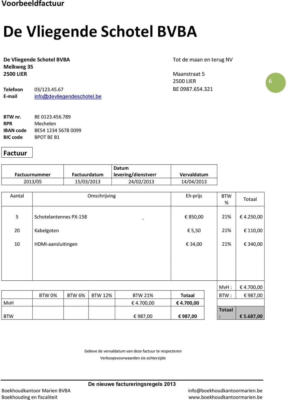 789 RPR Mechelen IBAN code BE54 123456780099 BIC code BPOT BE B1 Factuur Datum Factuurnummer Factuurdatum levering/dienstverr Vervaldatum 2013/05 15/03/2013 24/02/2013 14/04/2013 Aantal