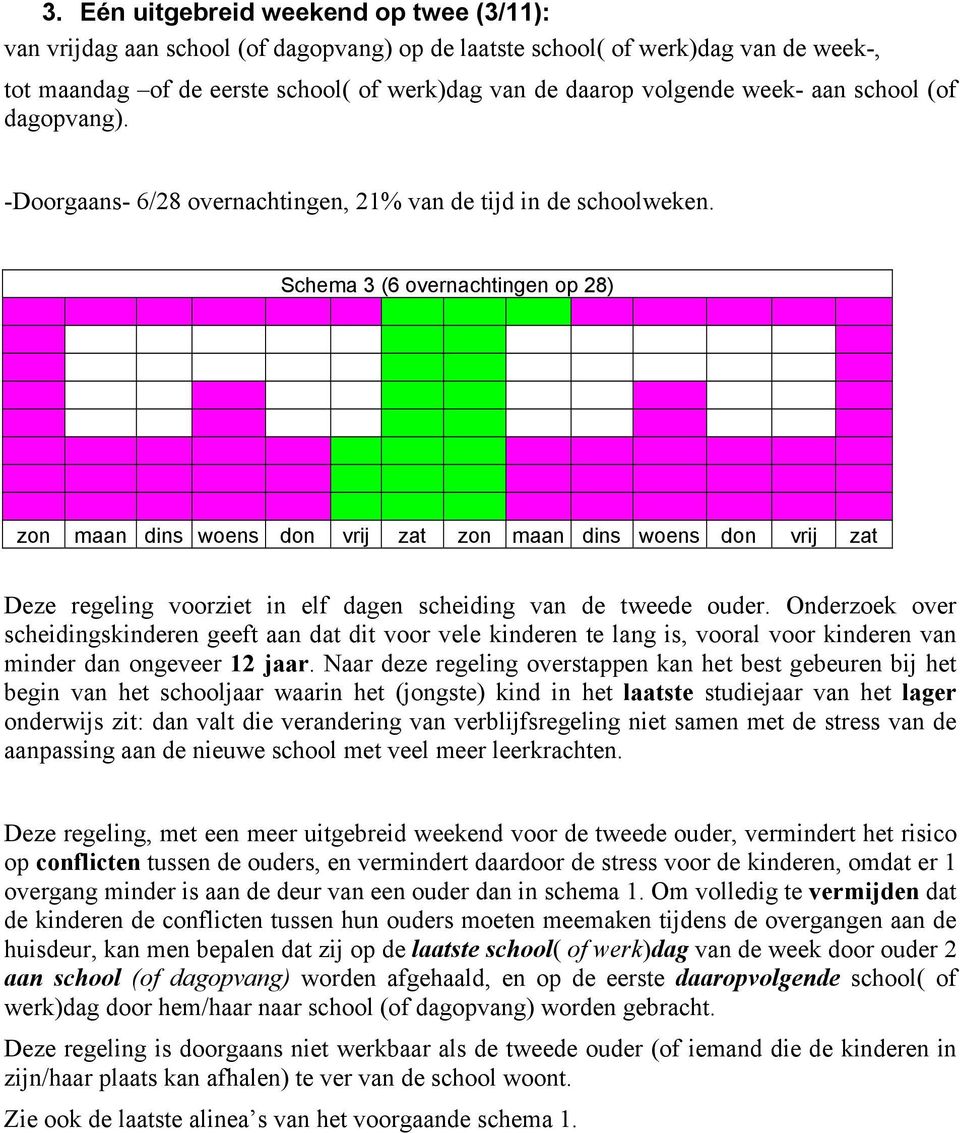 Schema 3 (6 overnachtingen op 28) Deze regeling voorziet in elf dagen scheiding van de tweede ouder.