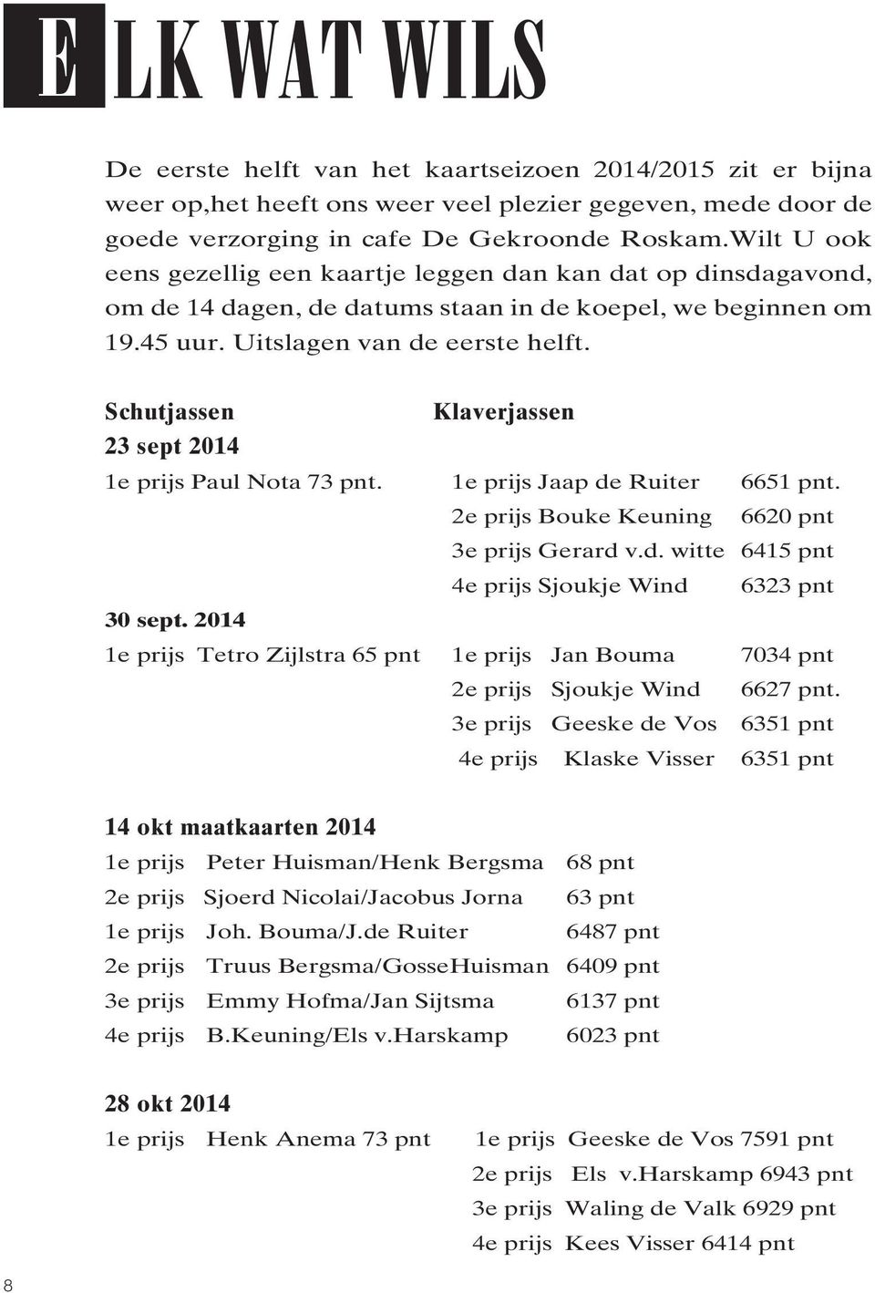 Schutjassen Klaverjassen 23 sept 2014 1e prijs Paul Nota 73 pnt. 1e prijs Jaap de Ruiter 6651 pnt. 2e prijs Bouke Keuning 6620 pnt 3e prijs Gerard v.d. witte 6415 pnt 4e prijs Sjoukje Wind 6323 pnt 30 sept.