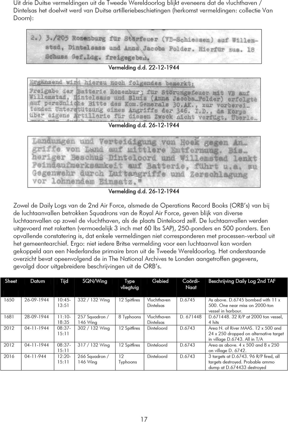 ng d.d. 22-12-1944 Vermelding d.d. 26-12-1944 Vermelding d.d. 26-12-1944 Zowel de Daily Logs van de 2nd Air Force, alsmede de Operations Record Books (ORB s) van bij de luchtaanvallen betrokken