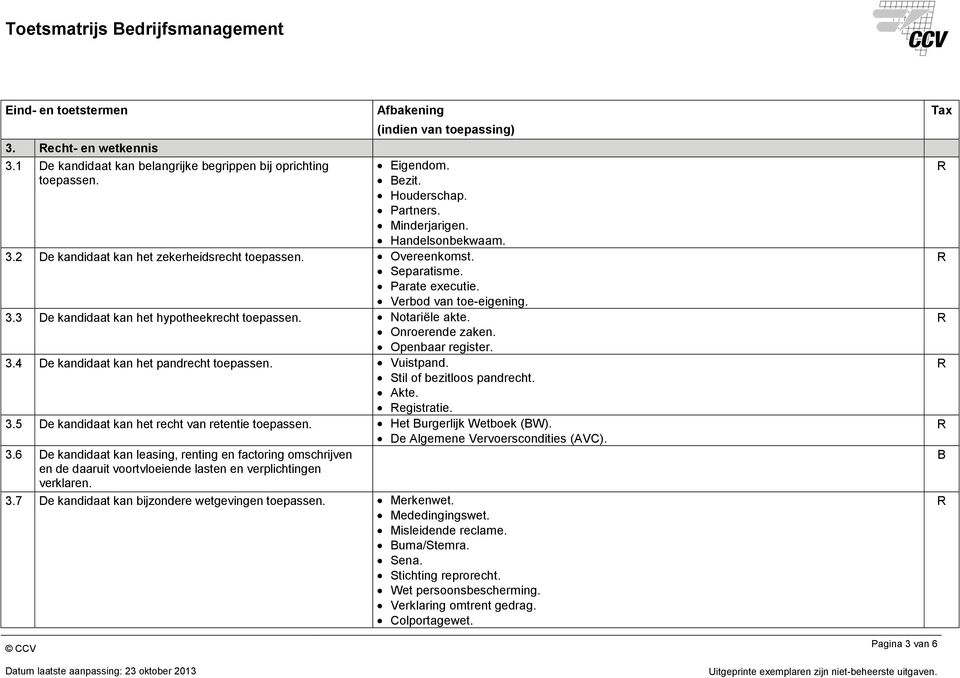 Vuistpand. Stil of bezitloos pandrecht. Akte. egistratie. 3.5 De kandidaat kan het recht van retentie toepassen. Het urgerlijk Wetboek (W). De Algemene Vervoerscondities (AVC). 3.6 De kandidaat kan leasing, renting en factoring omschrijven en de daaruit voortvloeiende lasten en verplichtingen verklaren.