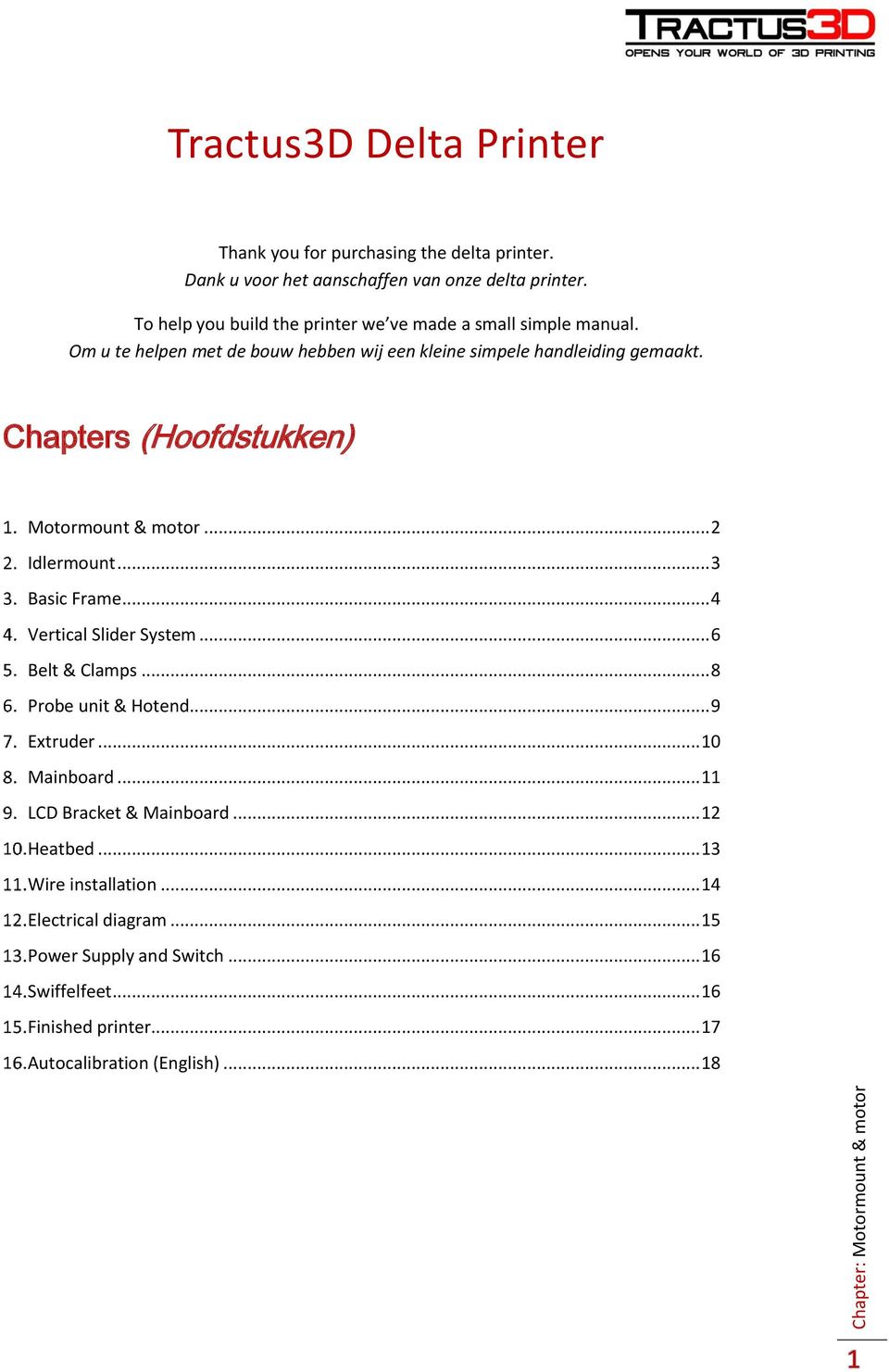 Chapters (Hoofdstukken) Motormount & motor... 2 Idlermount... 3 Basic Frame... 4 Vertical Slider System... 6 Belt & Clamps... 8 Probe unit & Hotend... 9 Extruder.