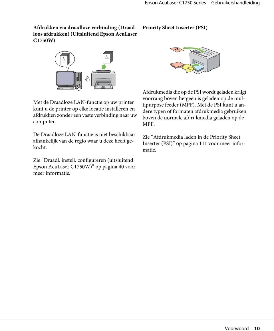 configureren (uitsluitend Epson AcuLaser C1750W) op pagina 40 voor meer informatie. Afdrukmedia die op de PSI wordt geladen krijgt voorrang boven hetgeen is geladen op de multipurpose feeder (MPF).