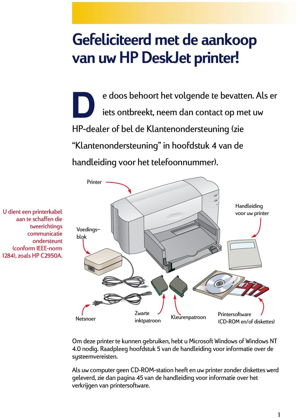 Printer U dient een printerkabel aan te schaffen die tweerichtings communicatie ondersteunt (conform IEEE-norm 1284), zoals HP C2950A.