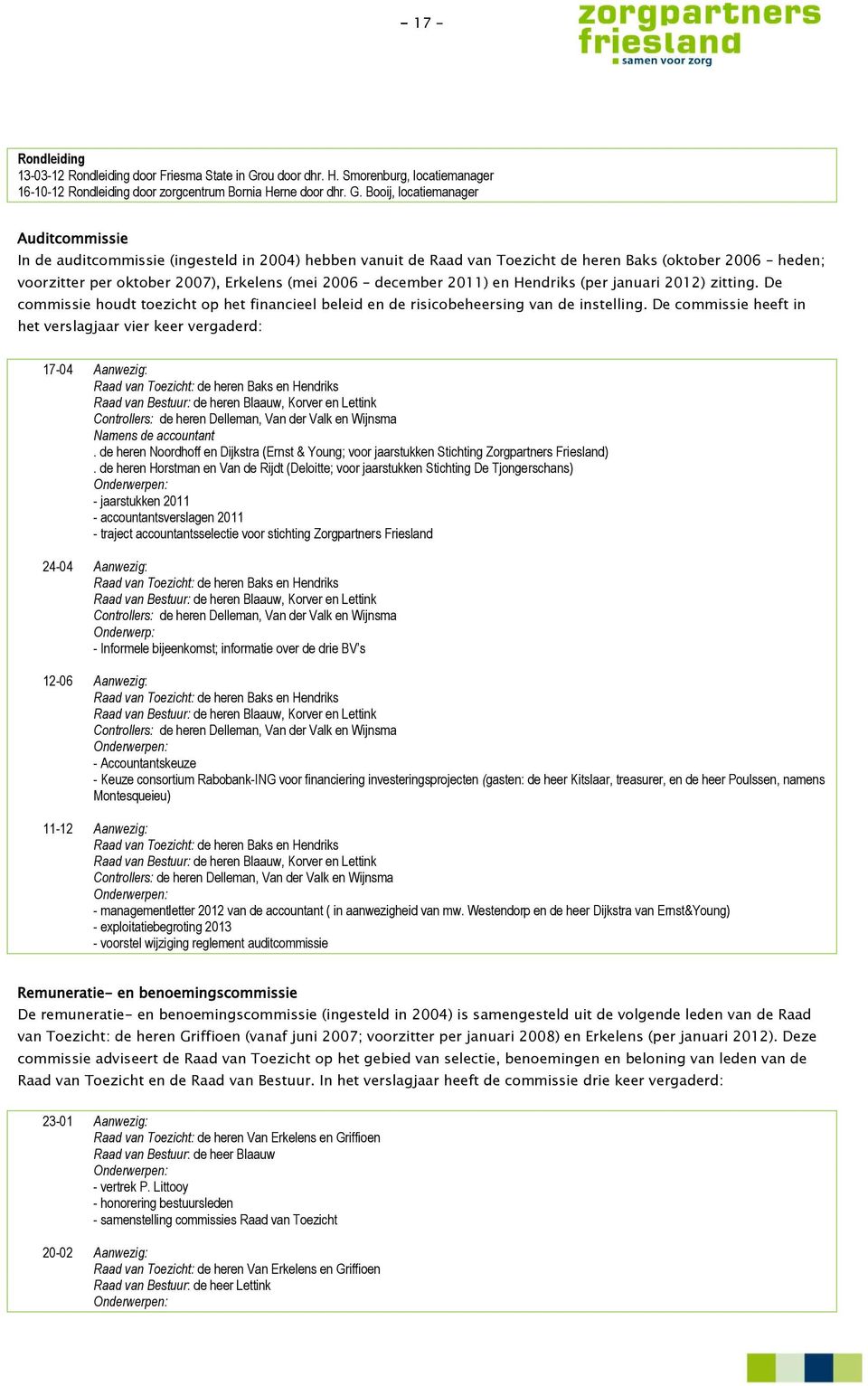 Booij, locatiemanager Auditcommissie In de auditcommissie (ingesteld in 2004) hebben vanuit de Raad van Toezicht de heren Baks (oktober 2006 heden; voorzitter per oktober 2007), Erkelens (mei 2006