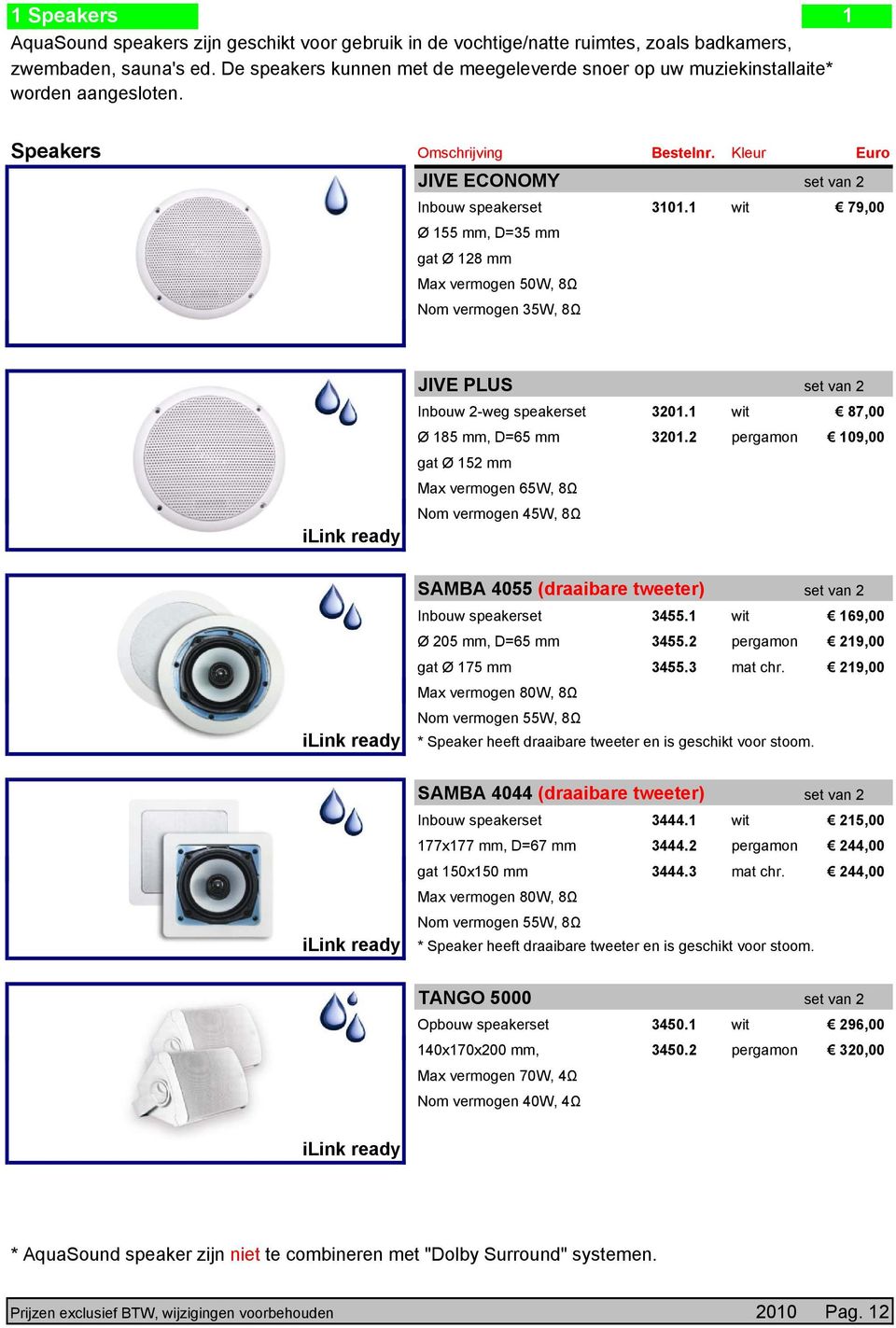 1 wit 79,00 Ø 155 mm, D=35 mm gat Ø 128 mm Max vermogen 50W, 8Ω Nom vermogen 35W, 8Ω ilink ready JIVE PLUS set van 2 Inbouw 2-weg speakerset 3201.1 wit 87,00 Ø 185 mm, D=65 mm 3201.