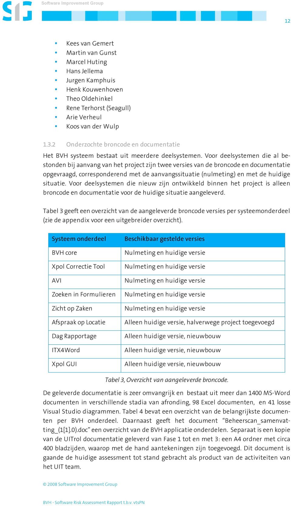 Voor deelsystemen die al bestonden bij aanvang van het project zijn twee versies van de broncode en documentatie opgevraagd, corresponderend met de aanvangssituatie (nulmeting) en met de huidige