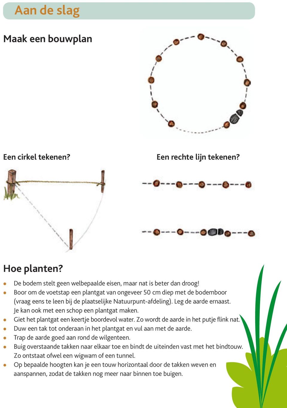 Je kan ook met een schop een plantgat maken. Giet het plantgat een keertje boordevol water. Zo wordt de aarde in het putje link nat. Duw een tak tot onderaan in het plantgat en vul aan met de aarde.