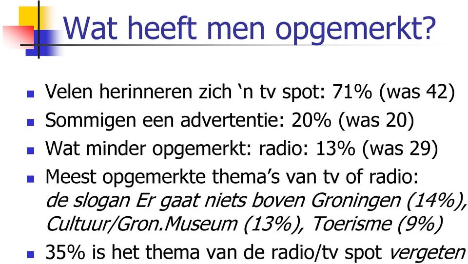 20) Wat minder opgemerkt: radio: 13% (was 29) Meest opgemerkte thema s van tv of