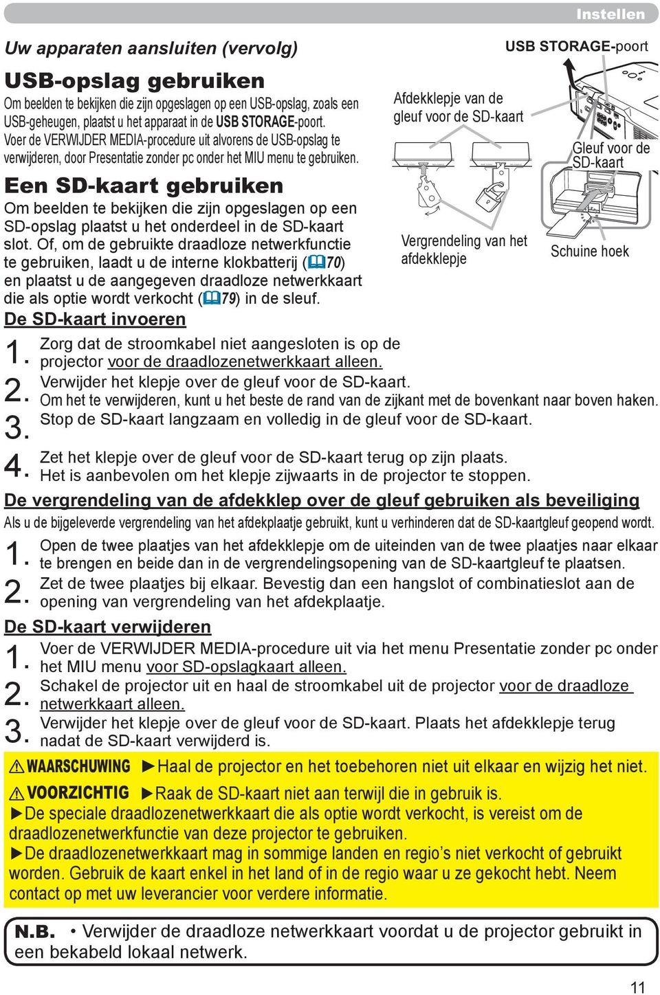 gleuf voor de SD-kaart Voer de VERWIJDER MEDIA-procedure uit alvorens de USB-opslag te Gleuf voor de verwijderen, door Presentatie zonder pc onder het MIU menu te gebruiken.