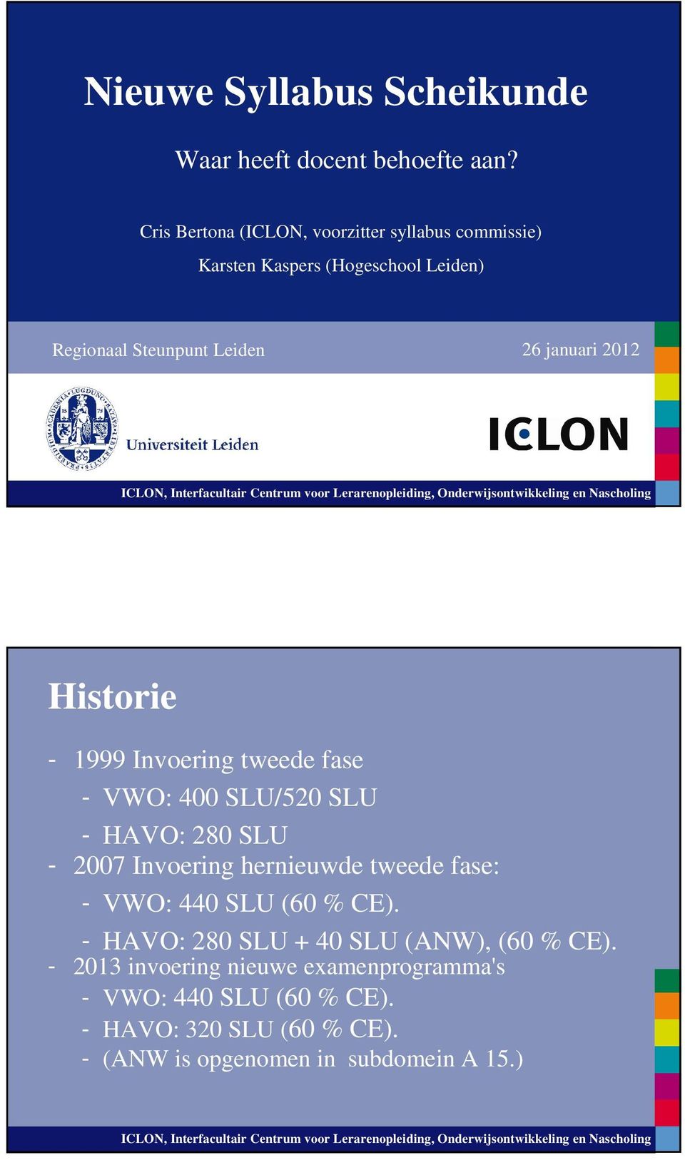 2012 Historie - 1999 Invoering tweede fase - VWO: 400 SLU/520 SLU - HAVO: 280 SLU - 2007 Invoering hernieuwde tweede fase: -