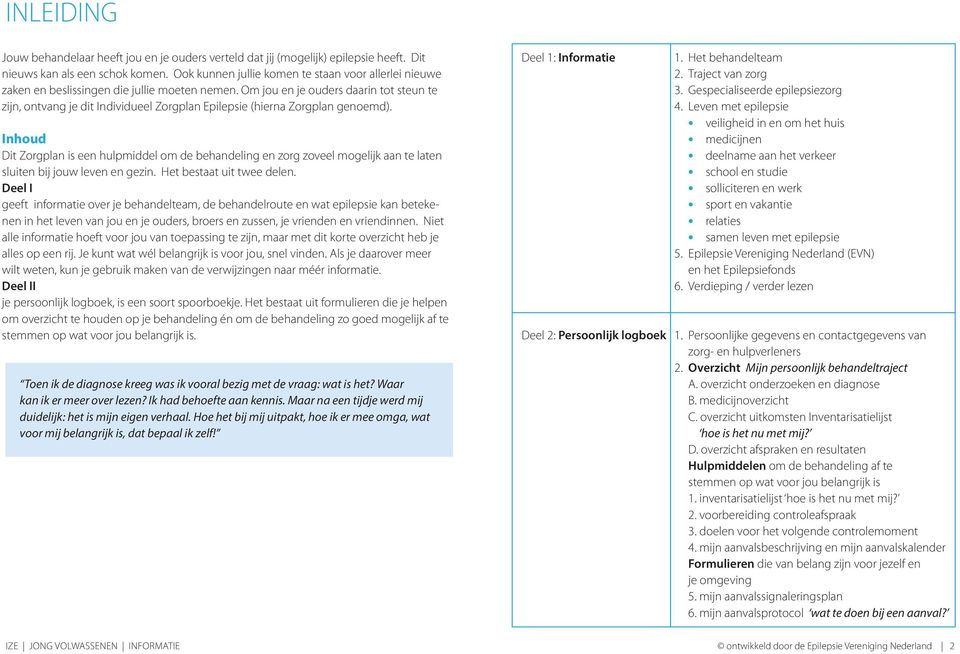 Om jou en je ouders daarin tot steun te zijn, ontvang je dit Individueel Zorgplan Epilepsie (hierna Zorgplan genoemd).