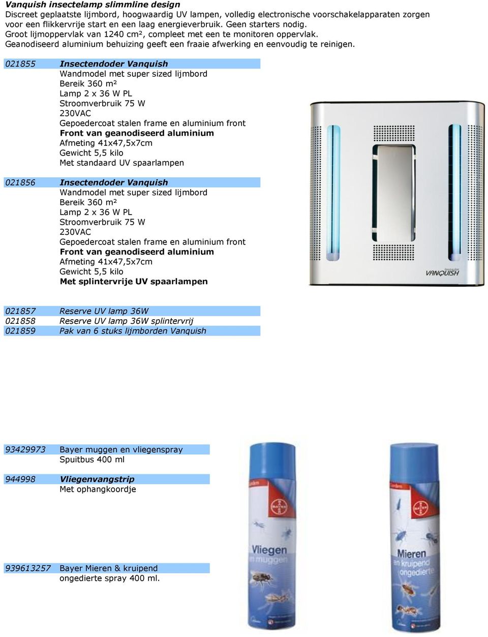 021855 Insectendoder Vanquish Wandmodel met super sized lijmbord Lamp 2 x 36 W PL Stroomverbruik 75 W Gepoedercoat stalen frame en aluminium front Front van geanodiseerd aluminium Afmeting