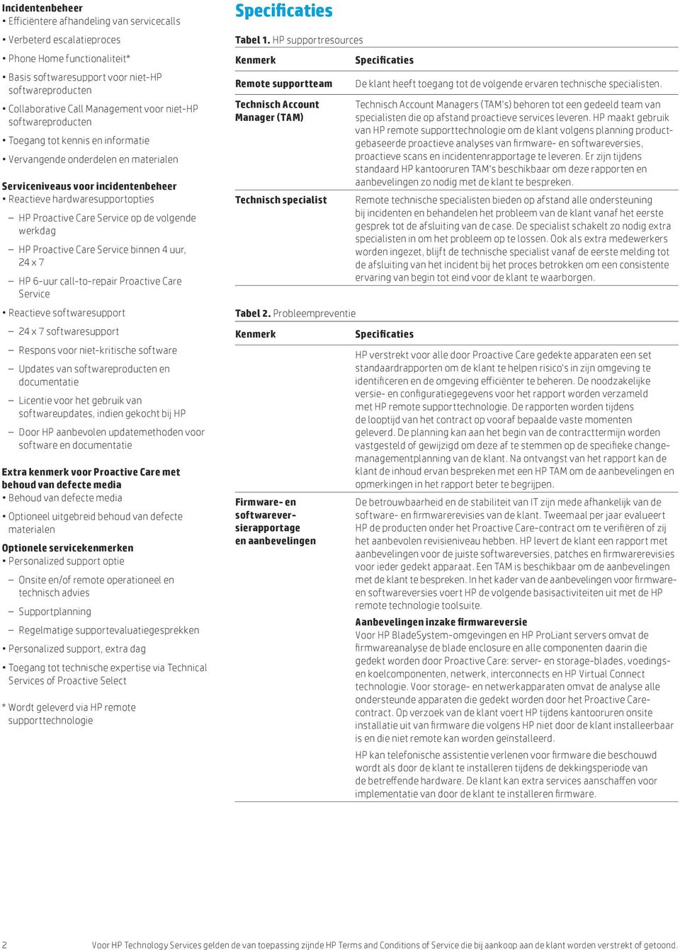 de volgende werkdag HP Proactive Care Service binnen 4 uur, 24 x 7 HP 6-uur call-to-repair Proactive Care Service Reactieve softwaresupport 24 x 7 softwaresupport Respons voor niet-kritische software