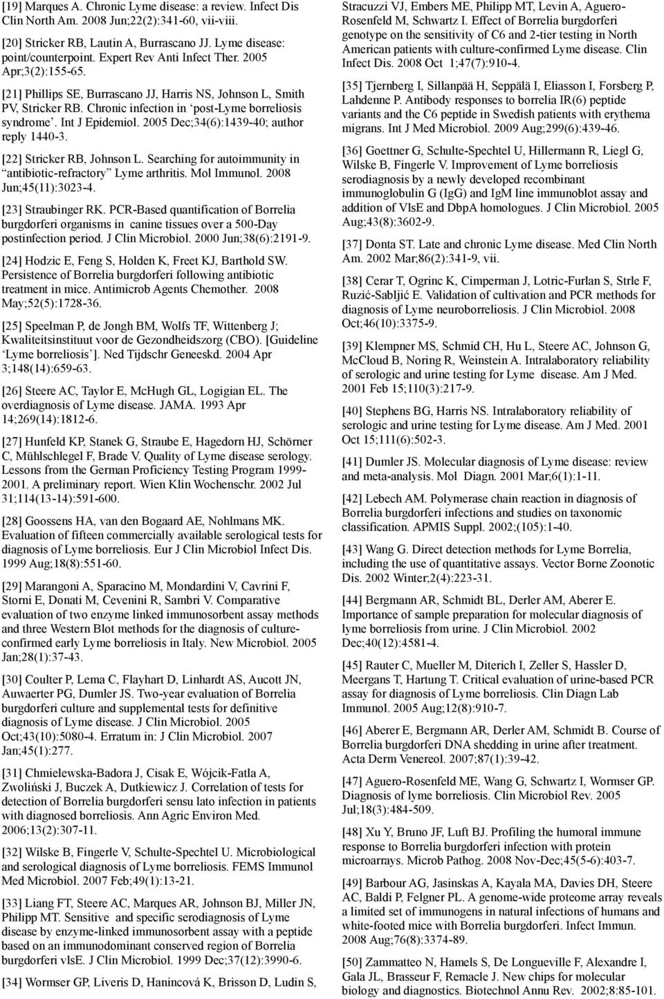 2005 Dec;34(6):1439-40; author reply 1440-3. [22] Stricker RB, Johnson L. Searching for autoimmunity in antibiotic-refractory Lyme arthritis. Mol Immunol. 2008 Jun;45(11):3023-4. [23] Straubinger RK.