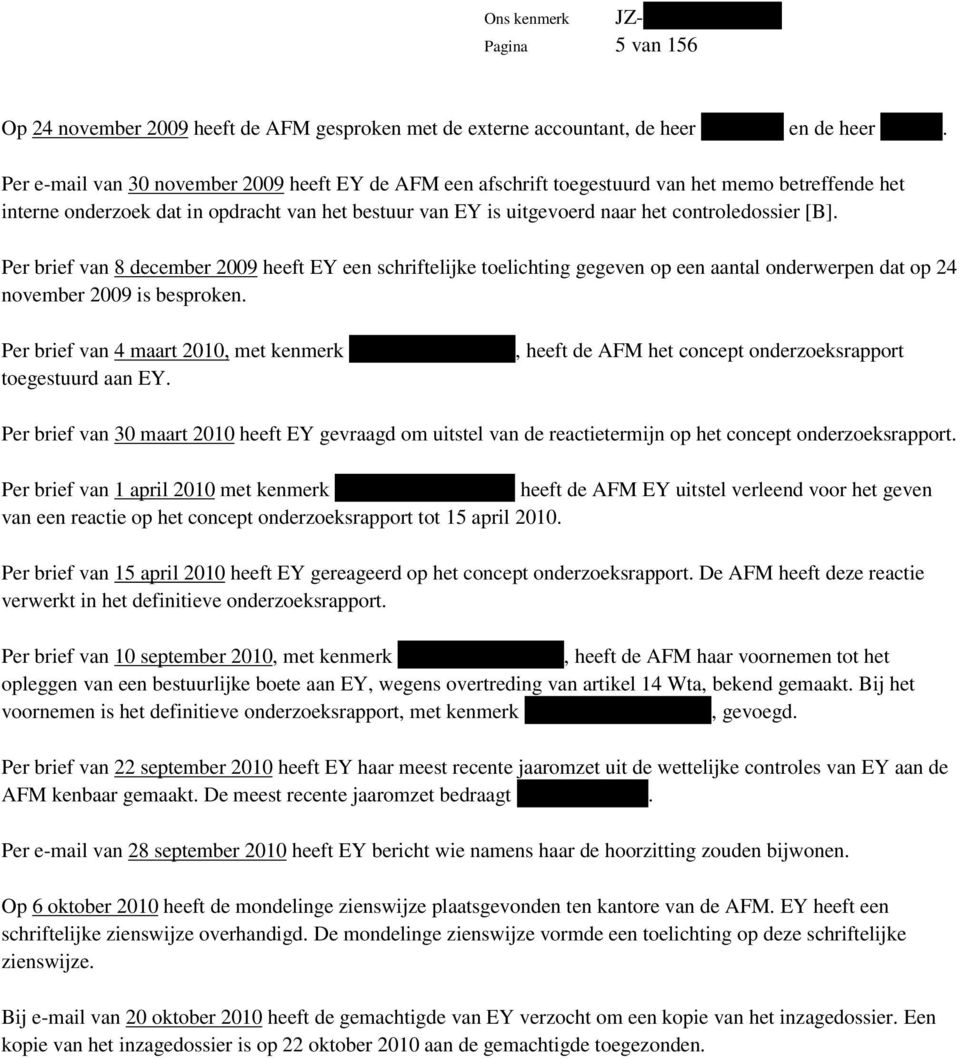 [B]. Per brief van 8 december 2009 heeft EY een schriftelijke toelichting gegeven op een aantal onderwerpen dat op 24 november 2009 is besproken.