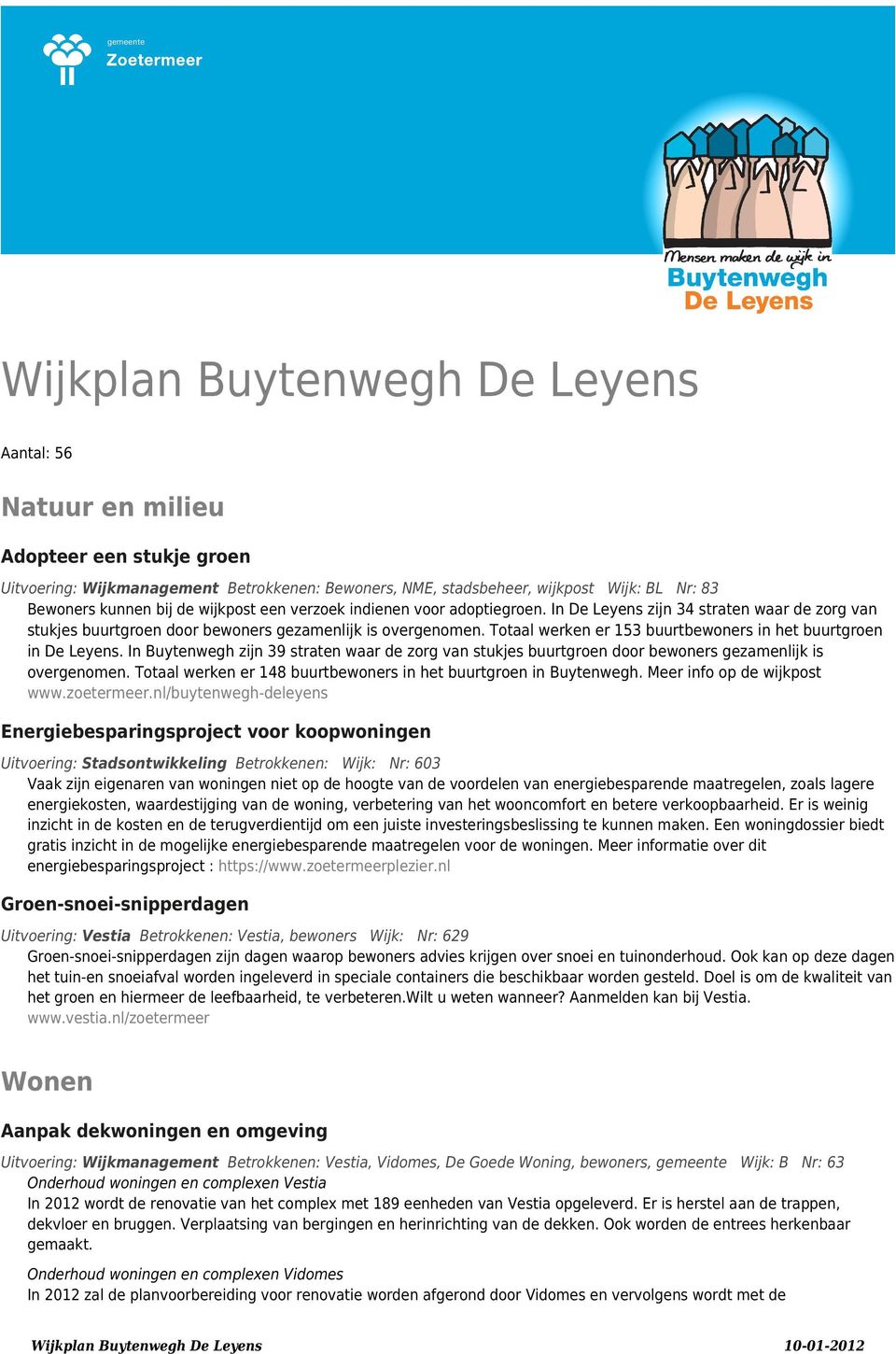 Totaal werken er 153 buurtbewoners in het buurtgroen in De Leyens. In Buytenwegh zijn 39 straten waar de zorg van stukjes buurtgroen door bewoners gezamenlijk is overgenomen.