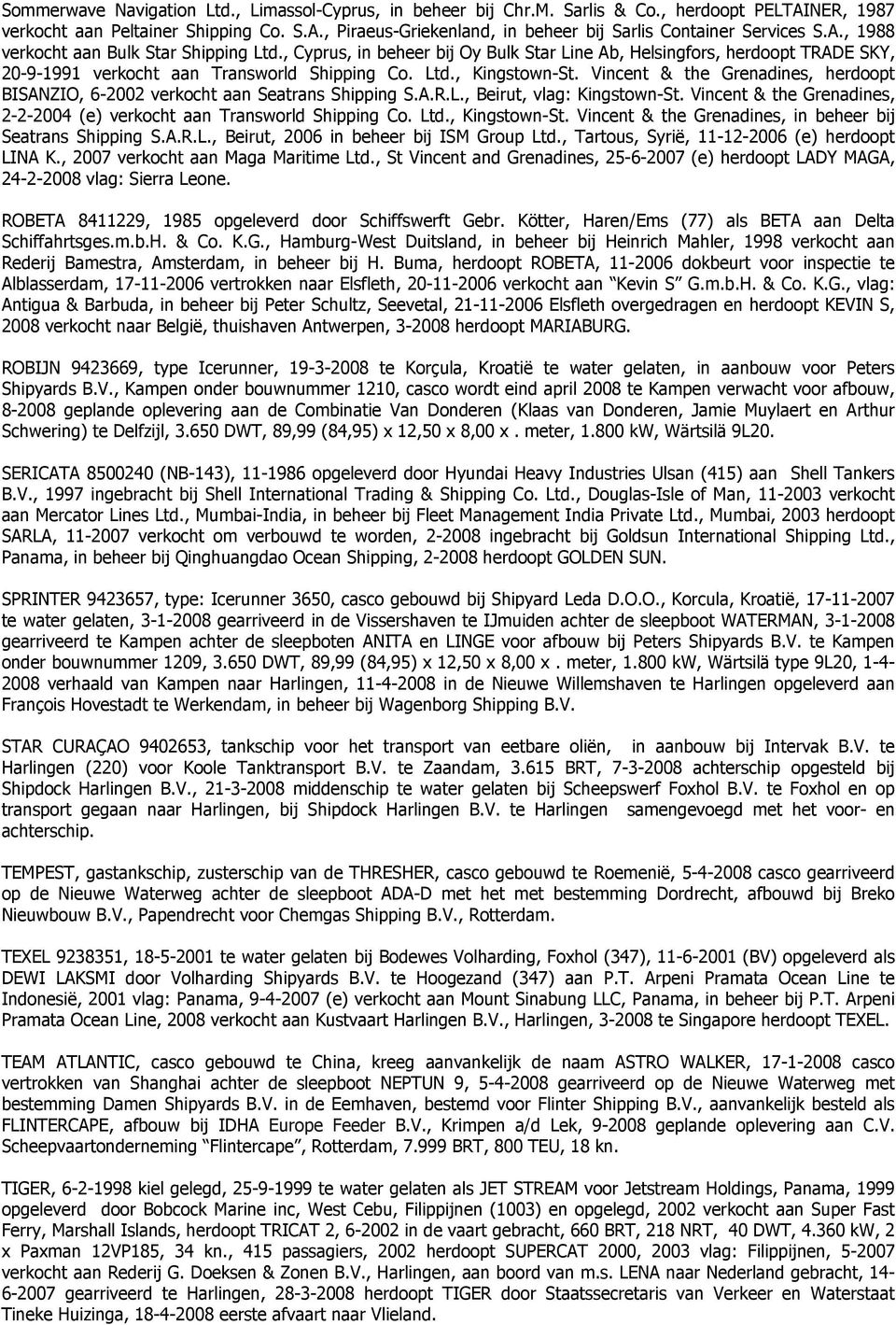 Vincent & the Grenadines, herdoopt BISANZIO, 6-2002 verkocht aan Seatrans Shipping S.A.R.L., Beirut, vlag: Kingstown-St. Vincent & the Grenadines, 2-2-2004 (e) verkocht aan Transworld Shipping Co.