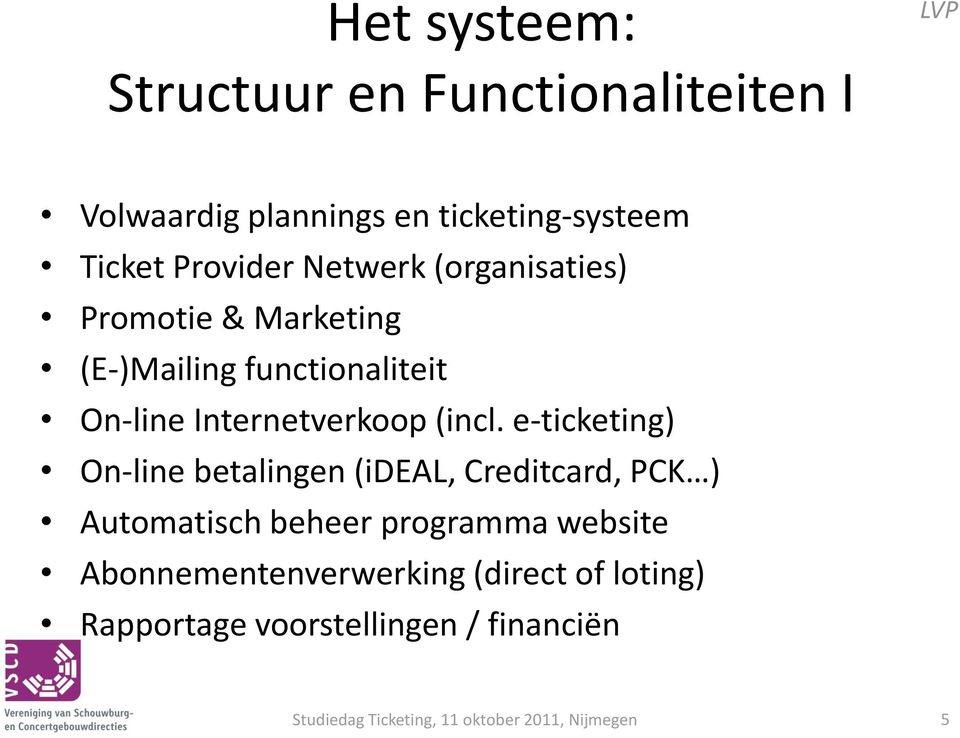 e-ticketing) On-line betalingen (ideal, Creditcard, PCK ) Automatisch beheer programma website