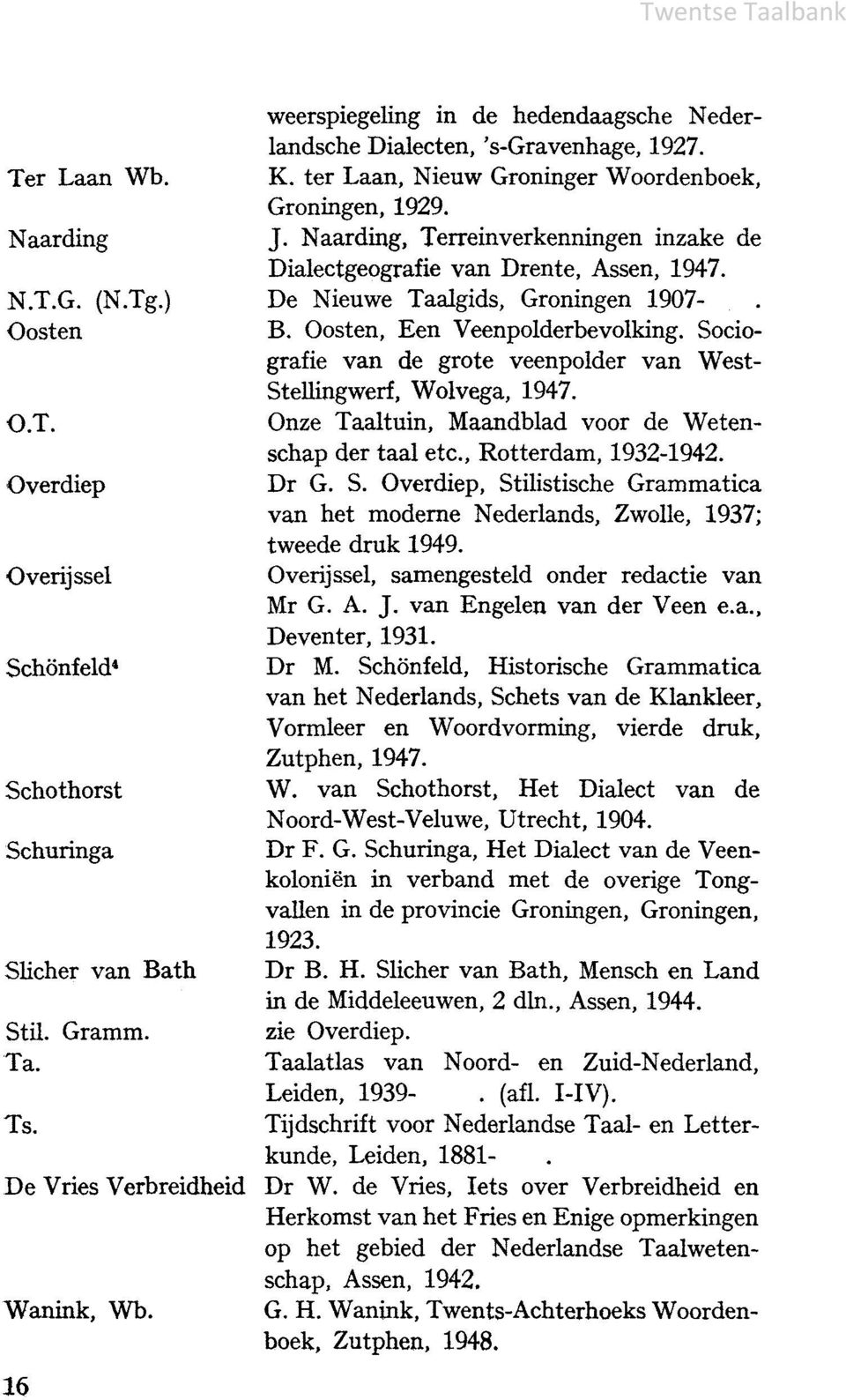 Naarding, Terreinverkenningen inzake de Dialectgeografie van Drente, Assen, 1947. De Nieuwe Taalgids, Groningen 1907- B. Oosten, Een Veenpolderbevolking.