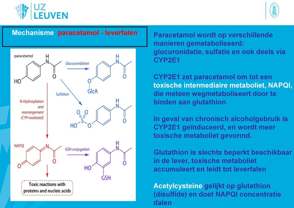 geval van chronisch alcoholgebruik is CYP2E1 geïnduceerd, en wordt meer toxische metaboliet gevormd.