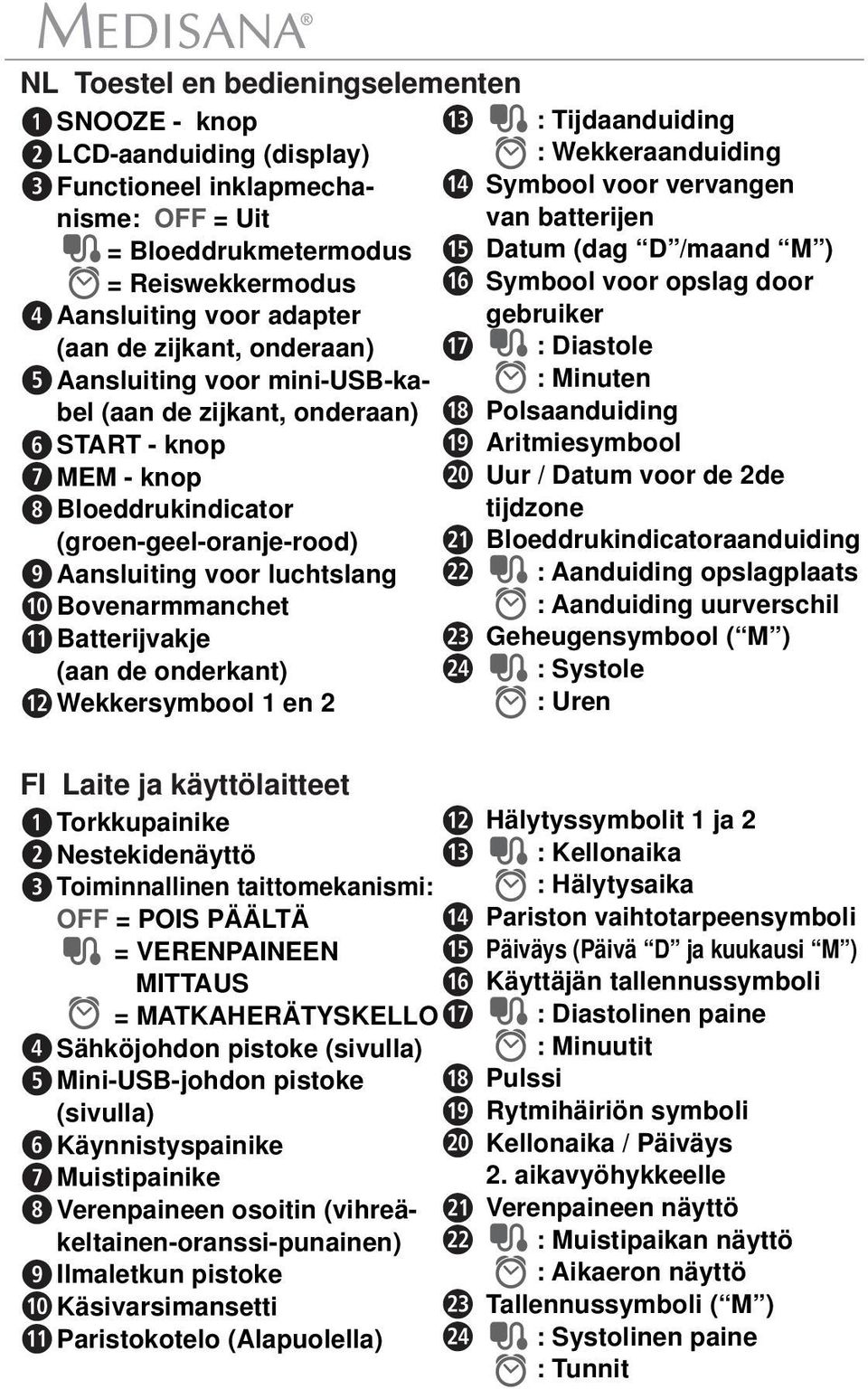 luchtslang Bovenarmmanchet Batterijvakje (aan de onderkant) Wekkersymbool 1 en 2 FI Laite ja käyttölaitteet 1 Torkkupainike 2 Nestekidenäyttö 3 Toiminnallinen taittomekanismi: OFF = POIS PÄÄLTÄ =