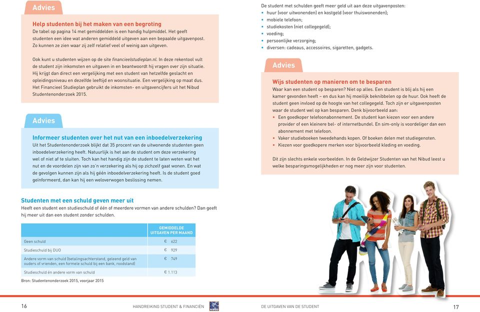 Ook kunt u studenten wijzen op de site financieelstudieplan.nl. In deze rekentool vult de student zijn inkomsten en uitgaven in en beantwoordt hij vragen over zijn situatie.