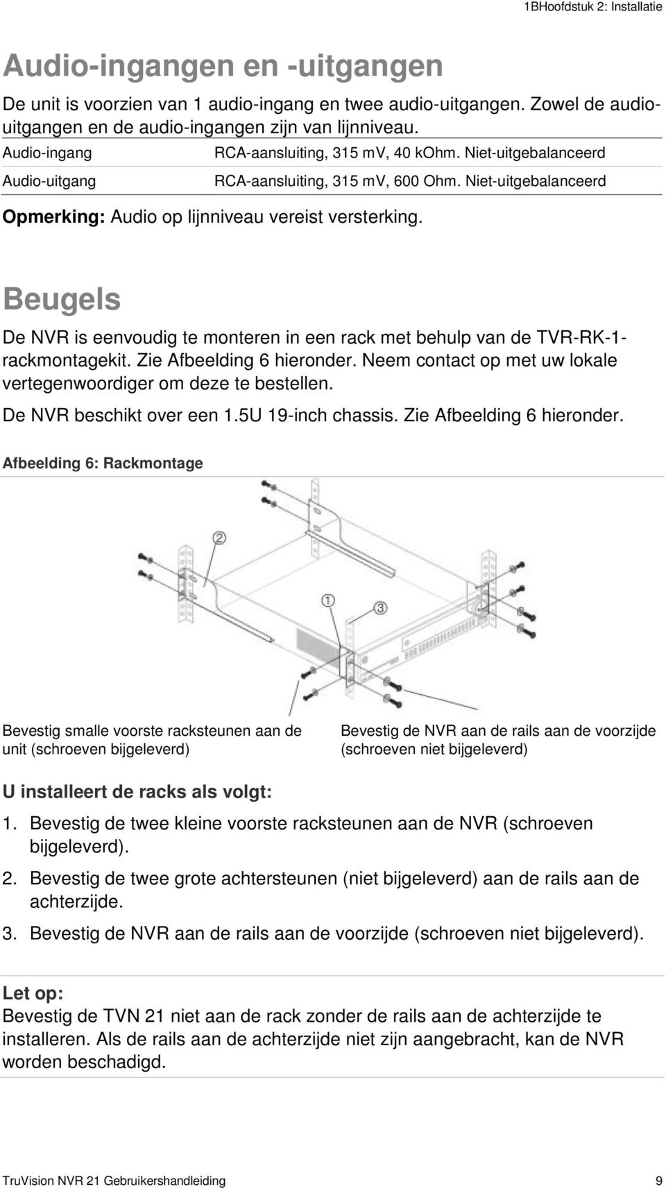 Beugels De NVR is eenvoudig te monteren in een rack met behulp van de TVR-RK-1- rackmontagekit. Zie Afbeelding 6 hieronder. Neem contact op met uw lokale vertegenwoordiger om deze te bestellen.