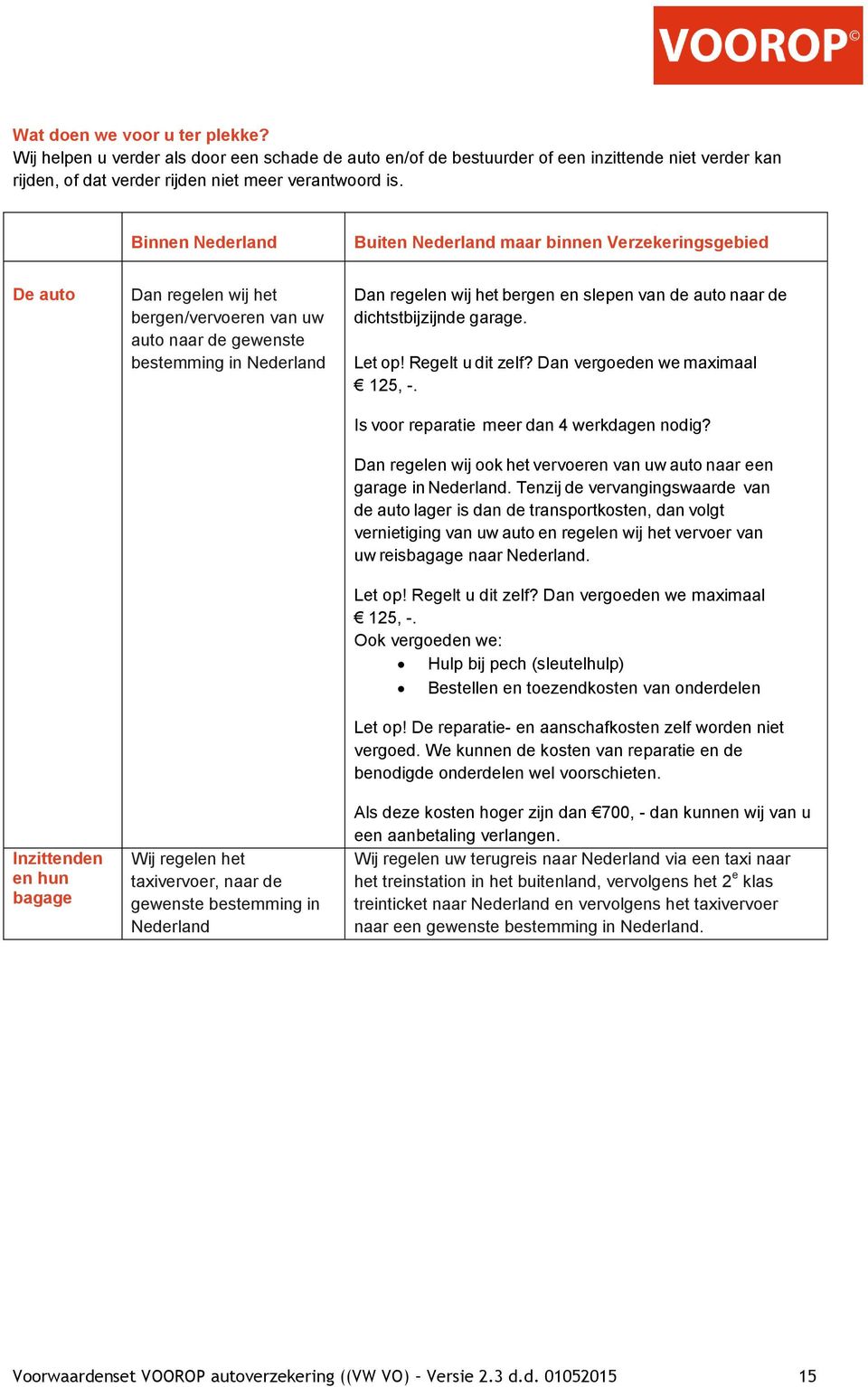 regelen het taxivervoer, naar de gewenste bestemming in Nederland Dan regelen wij het bergen en slepen van de auto naar de dichtstbijzijnde garage. Let op! Regelt u dit zelf?