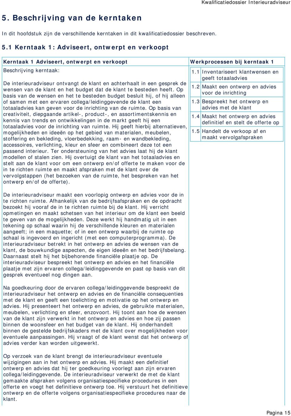 1 Kerntaak 1: Adviseert, ontwerpt en verkoopt Kerntaak 1 Adviseert, ontwerpt en verkoopt Werkprocessen bij kerntaak 1 Beschrijving kerntaak: De interieuradviseur ontvangt de klant en achterhaalt in