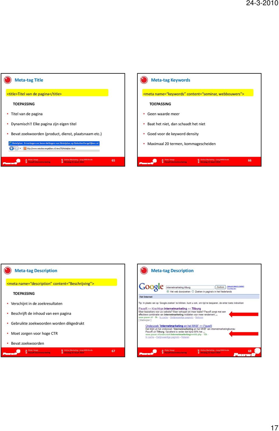 ) <meta name= keywords content= seminar, webbouwers > TOEPASSING Geen waarde meer Baat het niet, dan schaadt het niet Goed voor de keyword density Maximaal 20