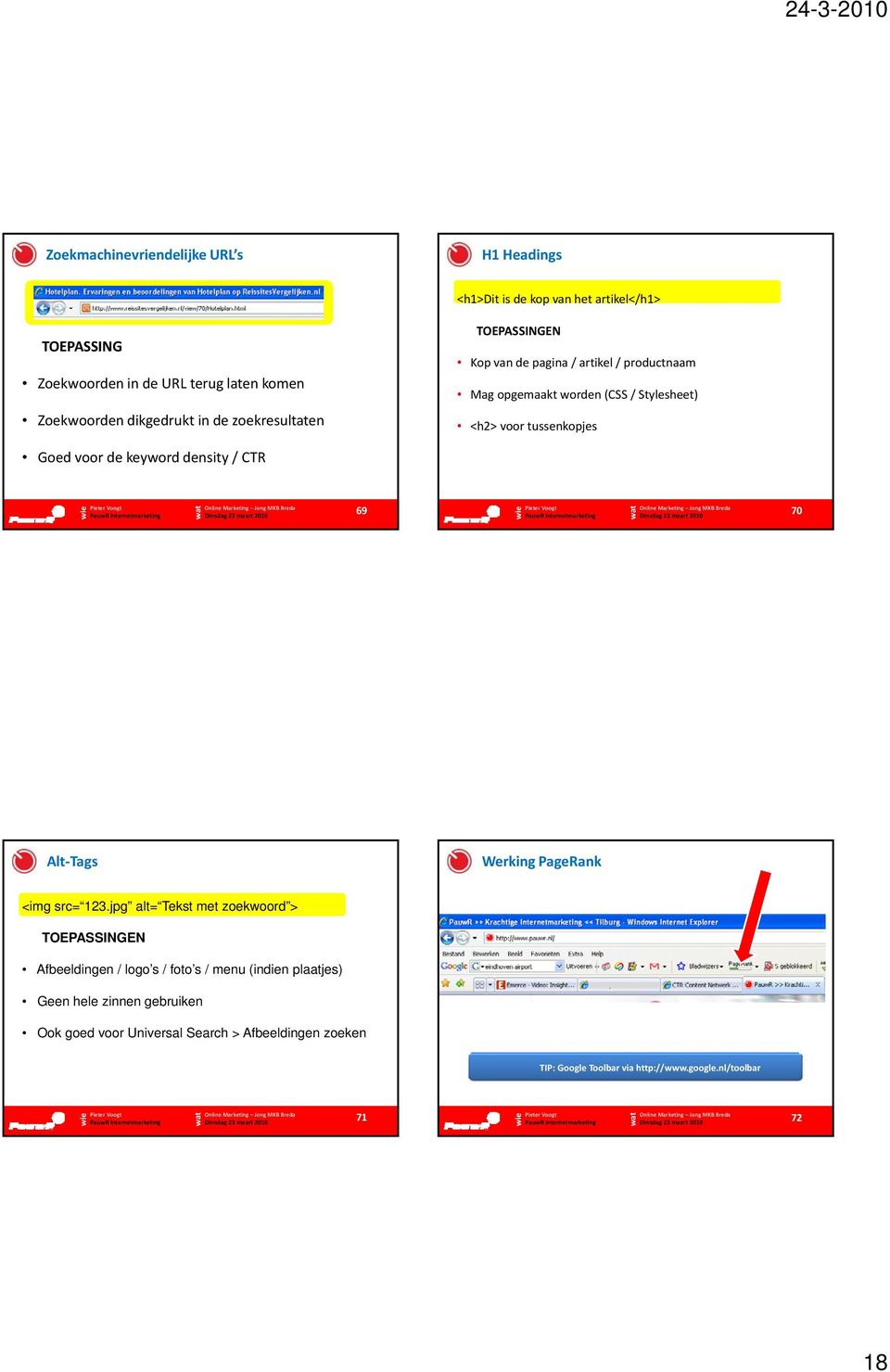 Goed voor de keyword density / CTR 69 70 Alt Tags Werking PageRank <img src= 123.