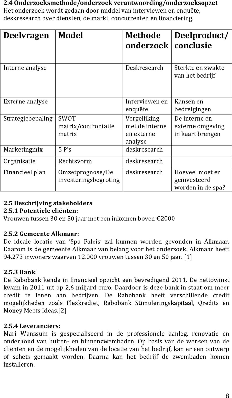 matrix/confrontatie met de interne matrix en externe analyse Marketingmix 5 P s deskresearch Organisatie Rechtsvorm deskresearch Financieel plan Omzetprognose/De investeringsbegroting deskresearch