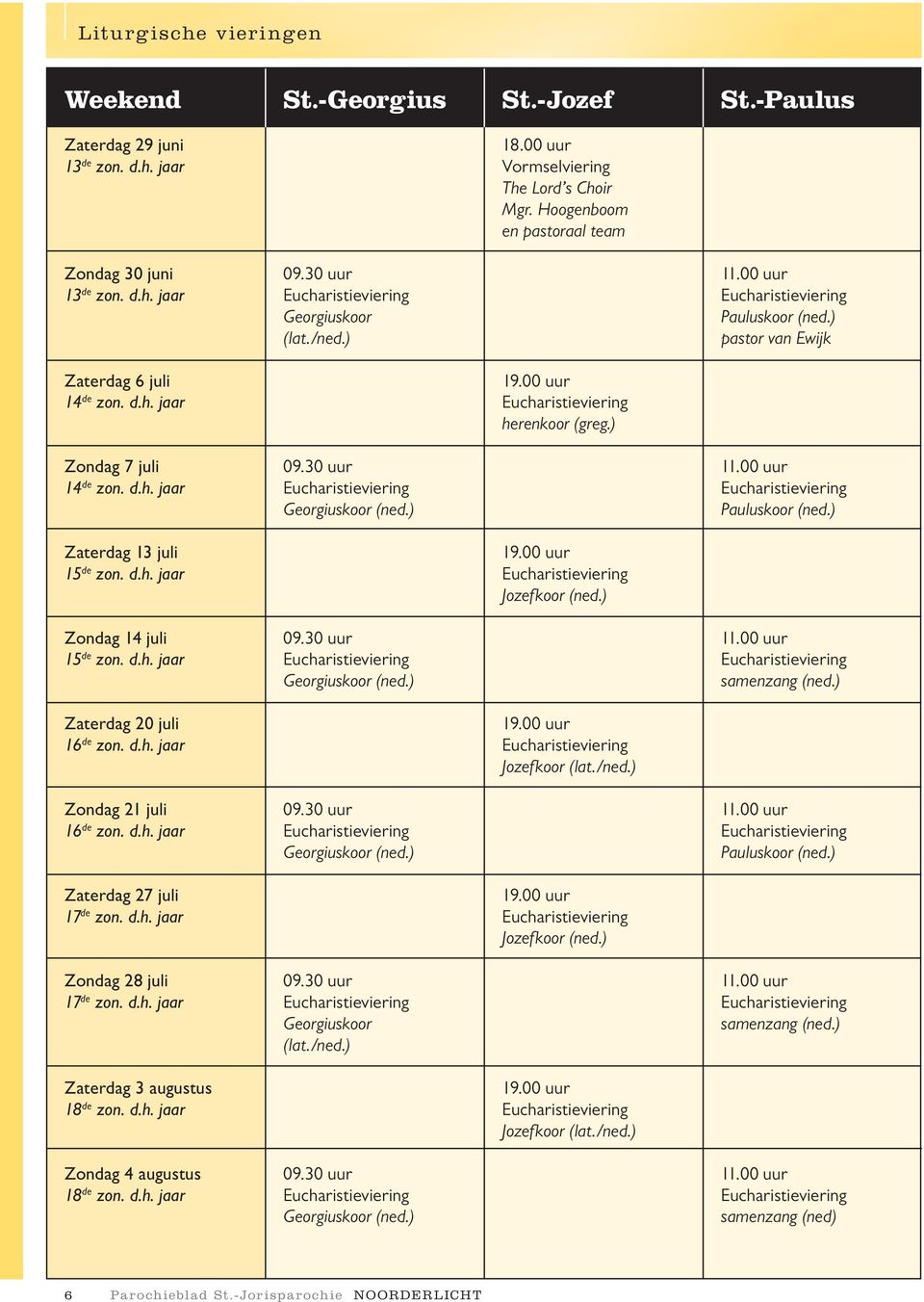 ) Zondag 7 juli 09.30 uur 11.00 uur 14 de zon. d.h. jaar Eucharistieviering Eucharistieviering Georgiuskoor (ned.) Pauluskoor (ned.) Zaterdag 13 juli 19.00 uur 15 de zon. d.h. jaar Eucharistieviering Jozefkoor (ned.