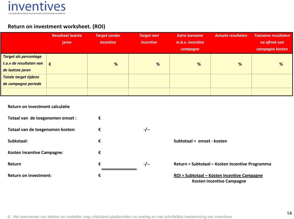 ksheet. (ROI) Target als percentage t.o.